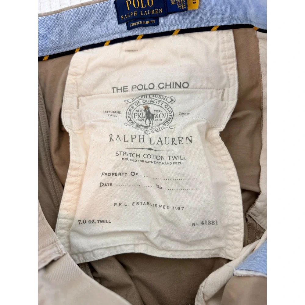 Polo Ralph Lauren Stretch Slim Fit Chino Pants Mens 36x32 Khaki Tan Cotton Twill